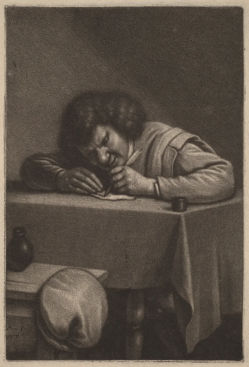 A Man Writing at a Table by Wallerant Vaillant; Adriaen Brouwer, print, 1623-1677