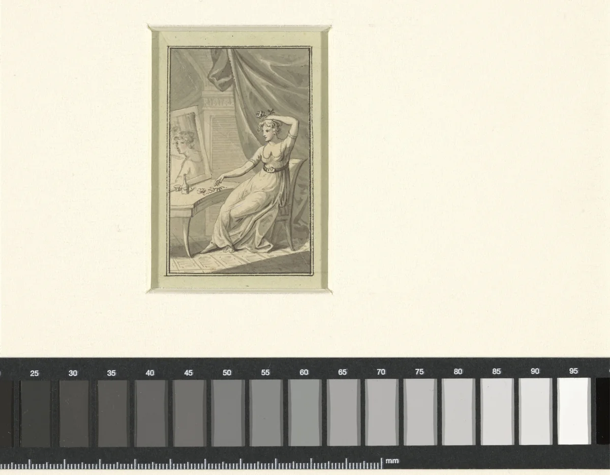 Allegorie: een zich kappende dame bij de spiegel by Sigmund Ferdinand von Perger, drawing, 1788-1841