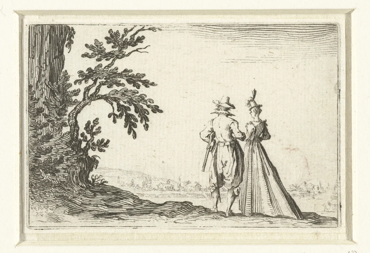 Dame en heer bij een boom by Jacques Callot, print, 1621