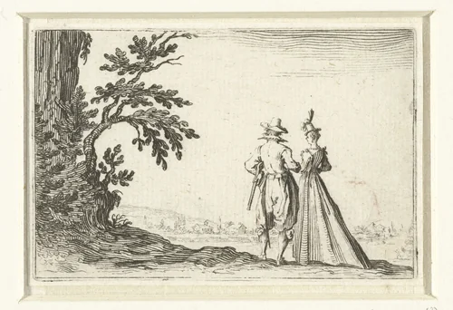 Dame en heer bij een boom by Jacques Callot, print, 1621