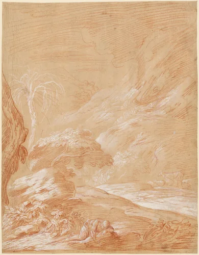 Fantastic Landscape with a Man Sleeping on a Rock by Bartolomeo Biscaino, drawing, 1650-1659