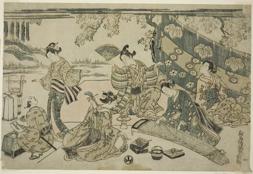 A picnic under cherry trees by Torii Kiyomitsu I, print, 1750-1769