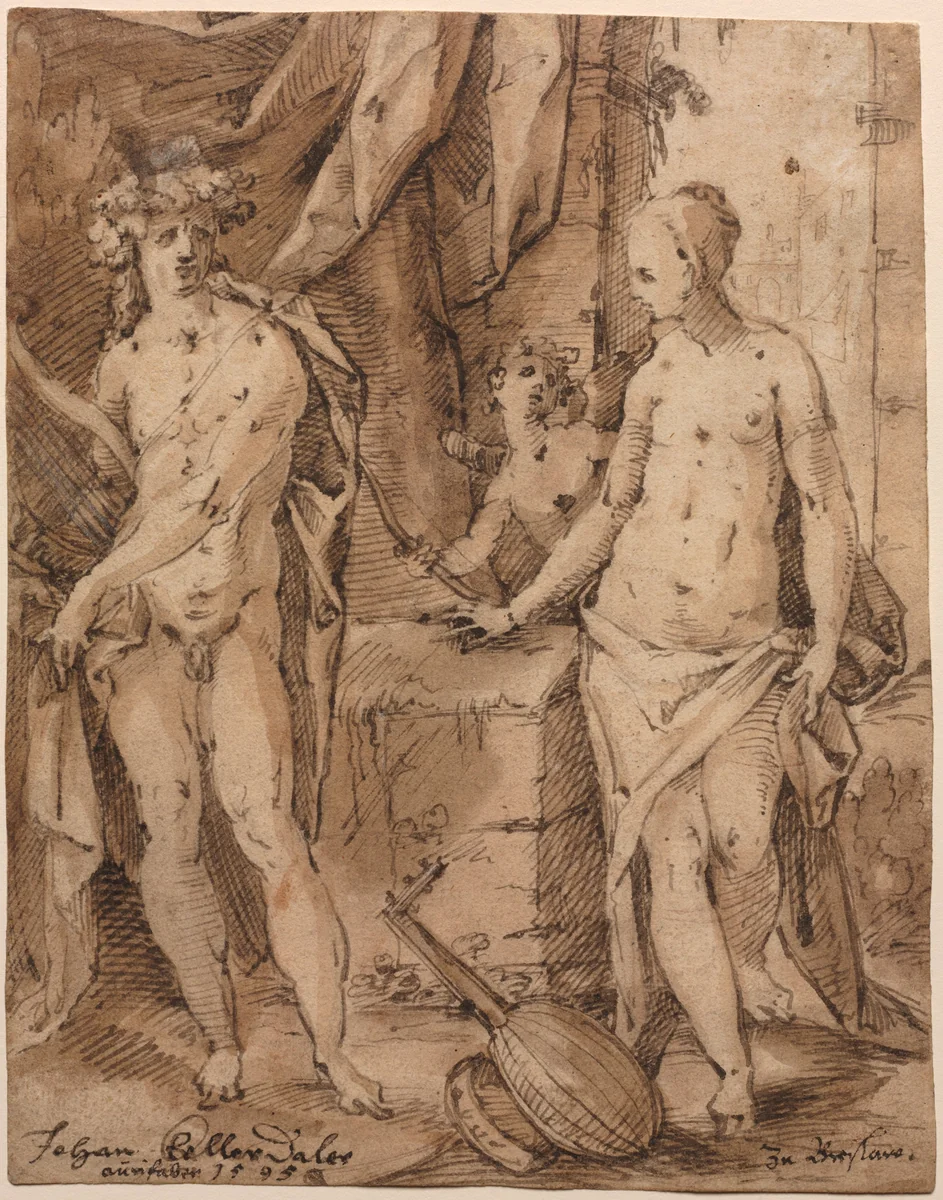 Apollo with Erato and Cupid by Johann Kellerthaler, drawing, 1595