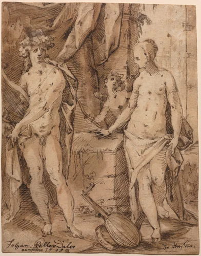 Apollo with Erato and Cupid by Johann Kellerthaler, drawing, 1595
