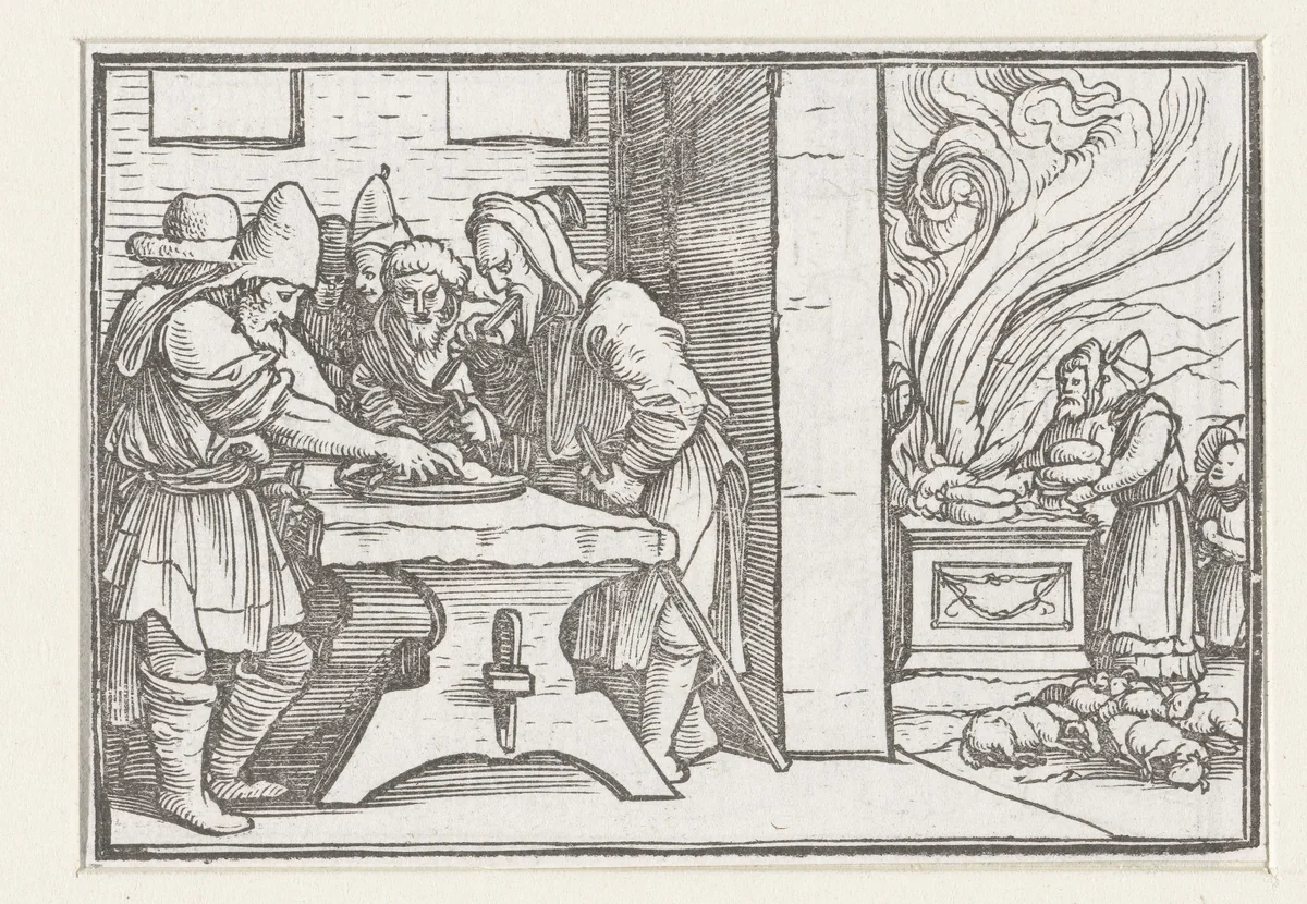 Priesters en Levieten vieren Pascha (Pesach) by Hans Holbein, print, 1538