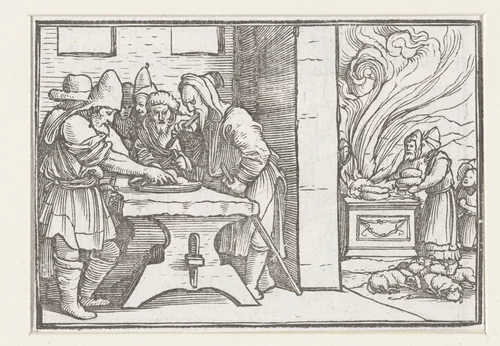 Priesters en Levieten vieren Pascha (Pesach) by Hans Holbein, print, 1538