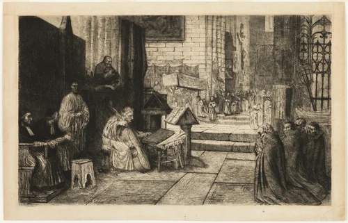Procession in a Spanish Church by Alphonse Legros, print, 1856-1866