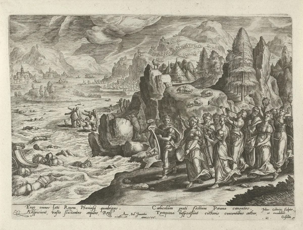 Viering van de ondergang van het Egyptische leger by Unknown, print, 1586