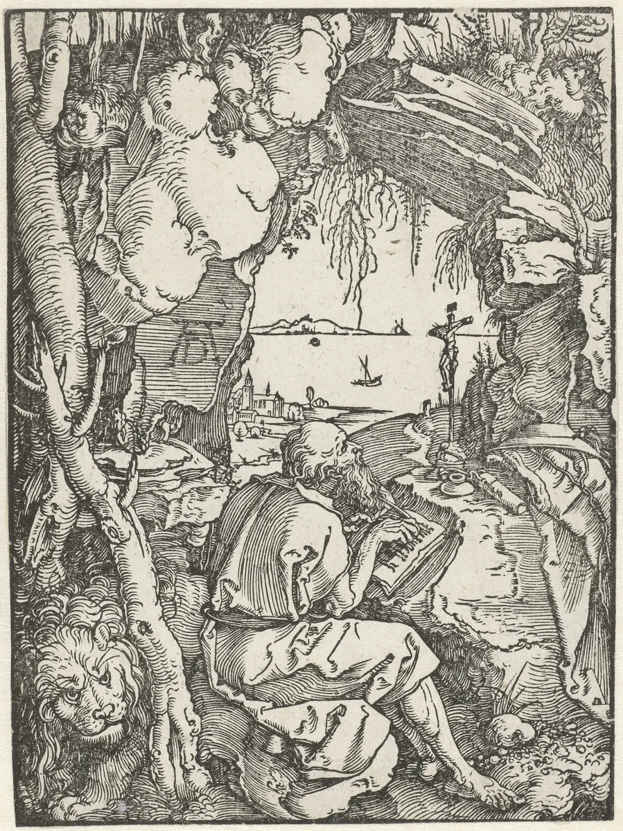 De Heilige Hiëronymus schrijvend in een grot by Unknown, print, 1512