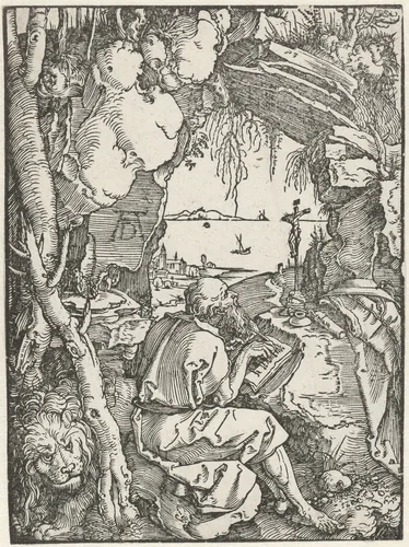 De Heilige Hiëronymus schrijvend in een grot by Unknown, print, 1512