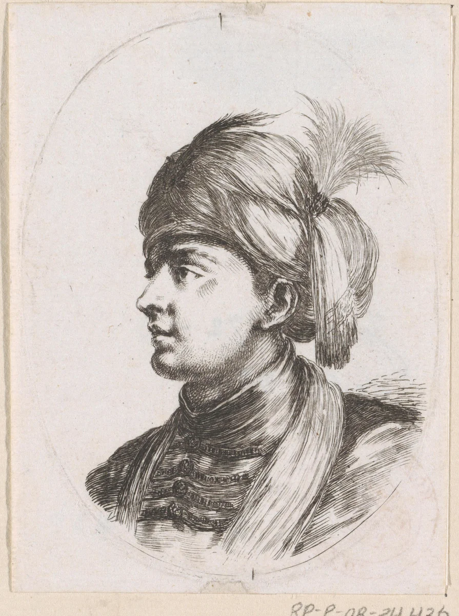 Jonge Turkse man met tulband met pluim by Stefano della Bella, print, 1649-1650