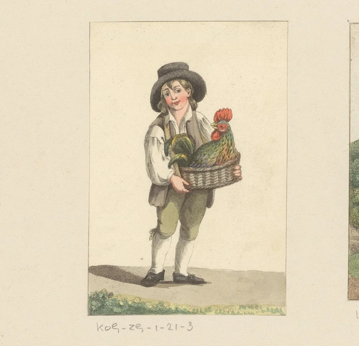 Boerenjongen met haan in een mand by anonymous, print, 1700-1799