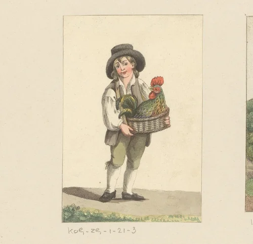 Boerenjongen met haan in een mand by anonymous, print, 1700-1799