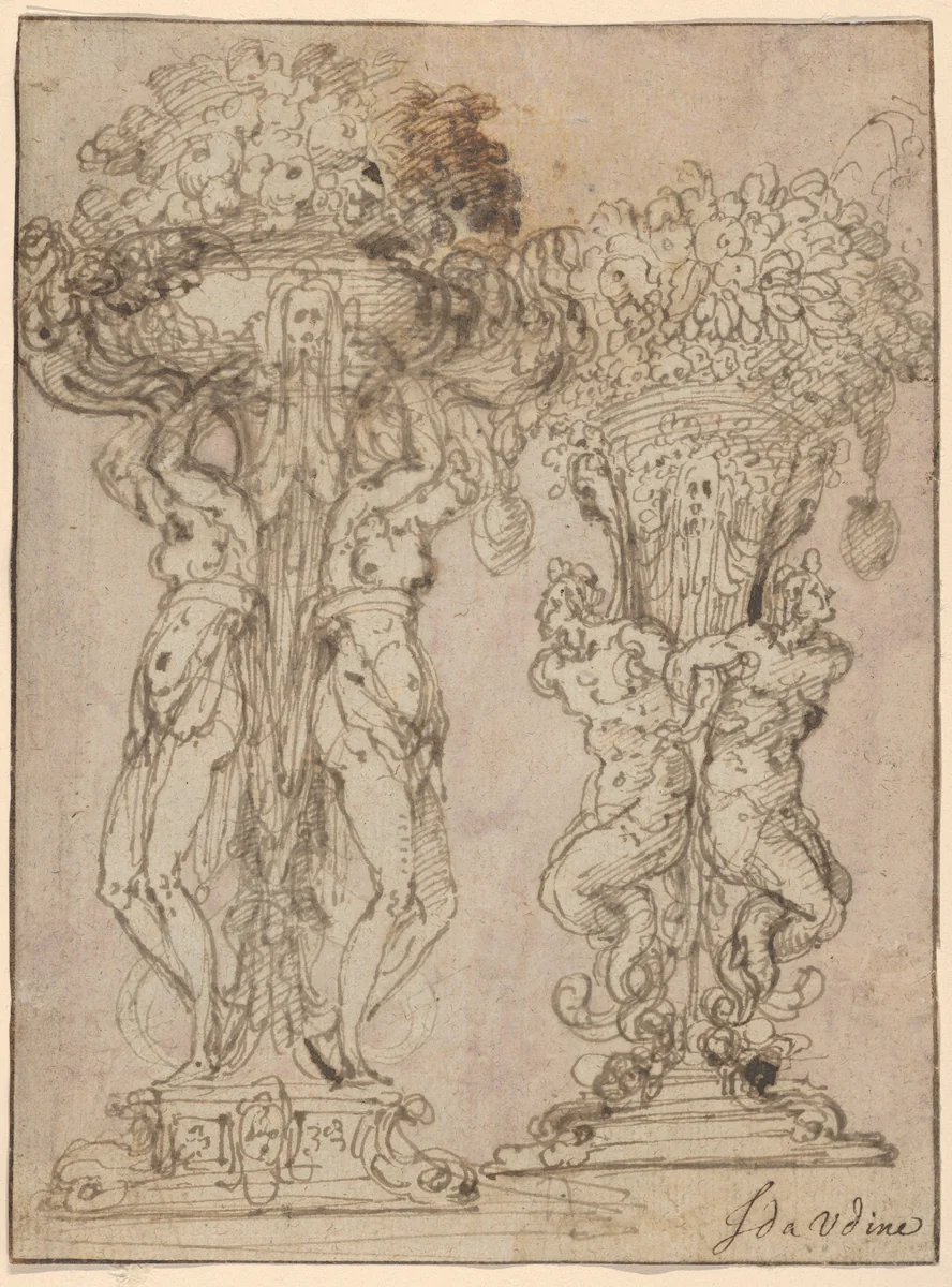 Two Designs for a Flower Pedestal by Guglielmo della Porta, drawing, 1545-1575