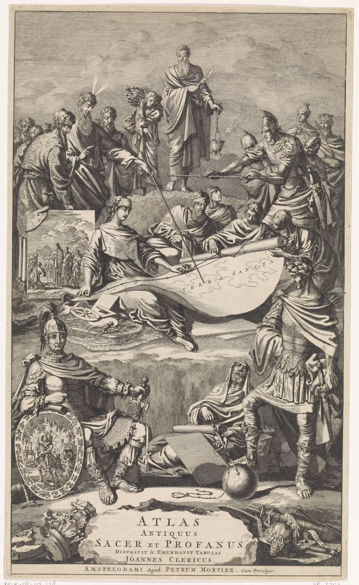 Titelpagina voor: J. Clericus, Atlas antiquus, sacer, ecclesiasticus et profanus, 1705 by Jan Luyken, print, 1705