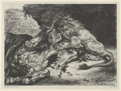 Lion Devouring a Horse by Eugène Delacroix, print, 1844
