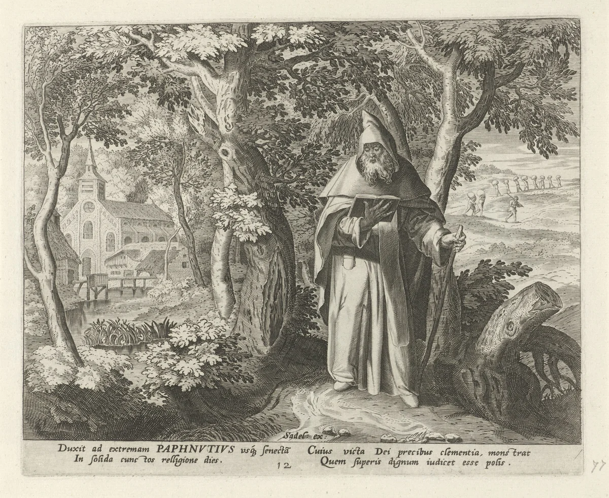 Paphnutius als kluizenaar by Johann Sadeler, print, 1583-1588