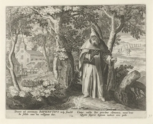 Paphnutius als kluizenaar by Johann Sadeler, print, 1583-1588