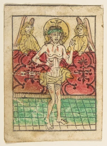 The Man of Sorrows between Two Angels by anonymous, print, 1400-1499