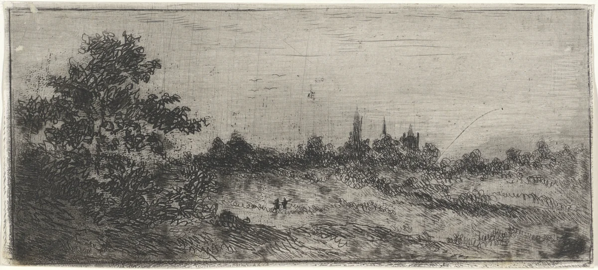 Landschap met kerktorens in de verte by Arnoud Schaepkens, print, 1831-1904