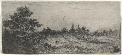 Landschap met kerktorens in de verte by Arnoud Schaepkens, print, 1831-1904