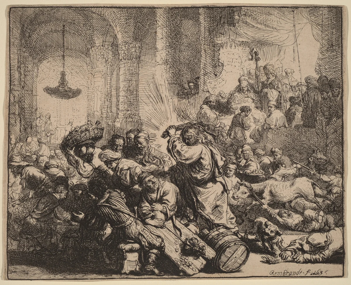 Christ Driving the Money Changers from the Temple by Rembrandt van Rijn, print, 1635