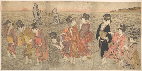 Women Worshipping the Rising Sun between the Twin Rocks at Ise by Kitagawa Utamaro (喜多川歌麿), print, 1754-1806