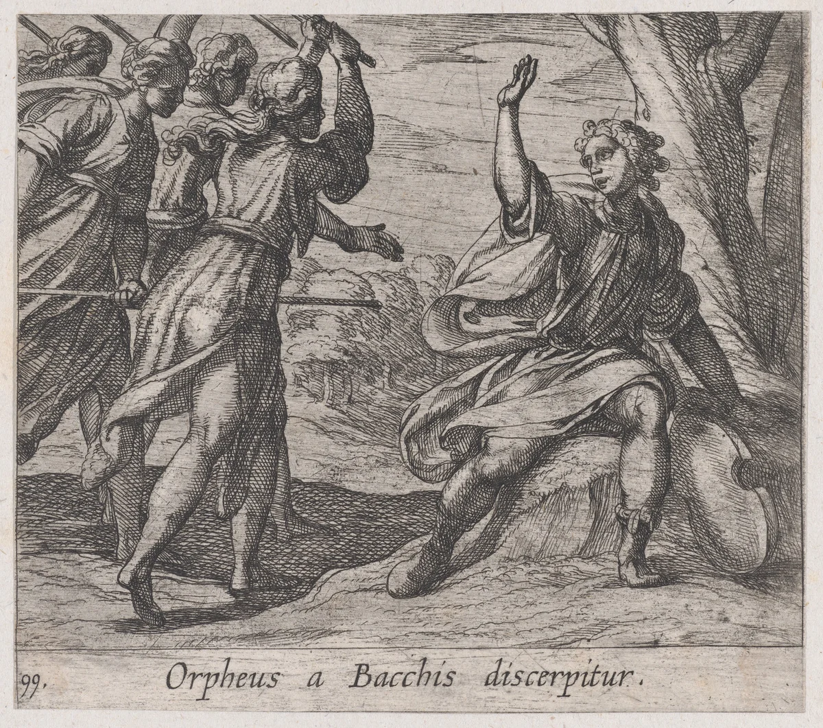 Plate 99: The Death of Orpheus (Orpheus a Bacchis discerpitur), from Ovid's 'Metamorphoses' by Antonio Tempesta, print, 1606