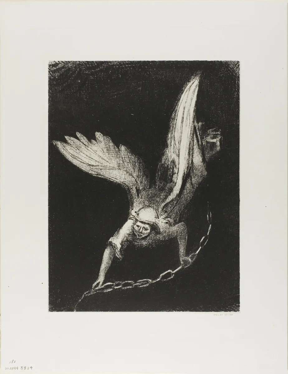 And I Saw an Angel Come Down from Heaven, Having the Key of the Bottomless Pit and a Great Chain in His Hand, plate 8 of 12 by Odilon Redon, print, 1899