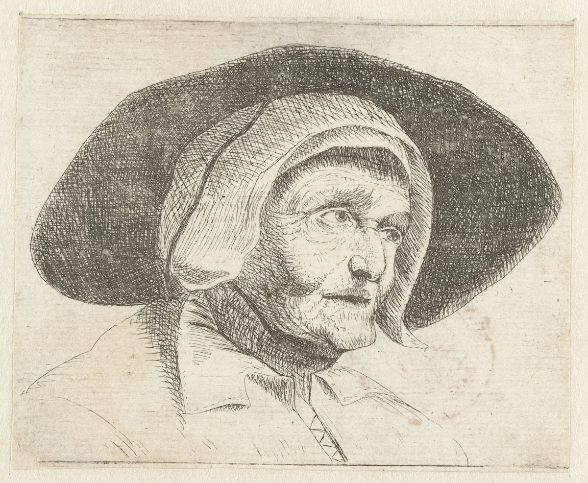Hoofd van een oude vrouw met muts by Jan Lievens, print, 1625-1674