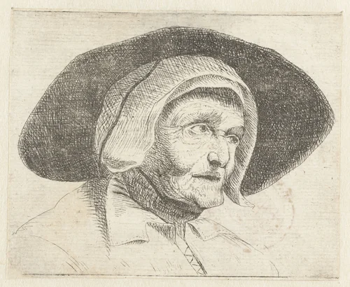 Hoofd van een oude vrouw met muts by Jan Lievens, print, 1625-1674