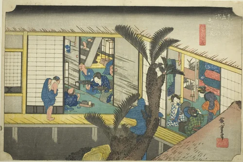 Akasaka: Waitresses at an Inn (Akasaka, ryosha shofu no zu), from the series "Fifty-three Stations of the Tokaido (Tokaido gojusan tsugi no uchi)," also known as the Hoeido Tokaido by Utagawa Hiroshige (歌川広重), print, 1828-1839