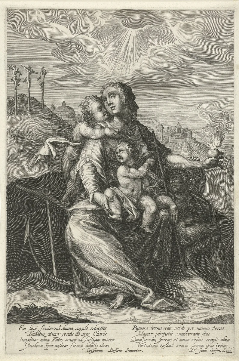 Maria met Christuskind en de kleine Johannes de Doper (verbeelding van de drie theologische deugden) by Abraham Hogenberg, print, 1603-1658