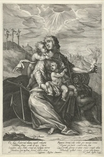 Maria met Christuskind en de kleine Johannes de Doper (verbeelding van de drie theologische deugden) by Abraham Hogenberg, print, 1603-1658