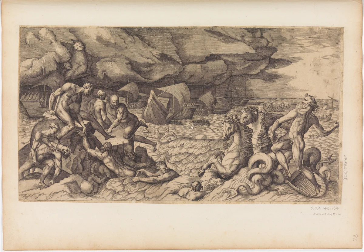 Neptune Calming the Tempest Raised Against the Fleet of Aeneas by Giulio Bonasone, print, 1510-1576