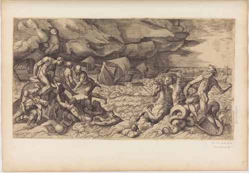 Neptune Calming the Tempest Raised Against the Fleet of Aeneas by Giulio Bonasone, print, 1510-1576