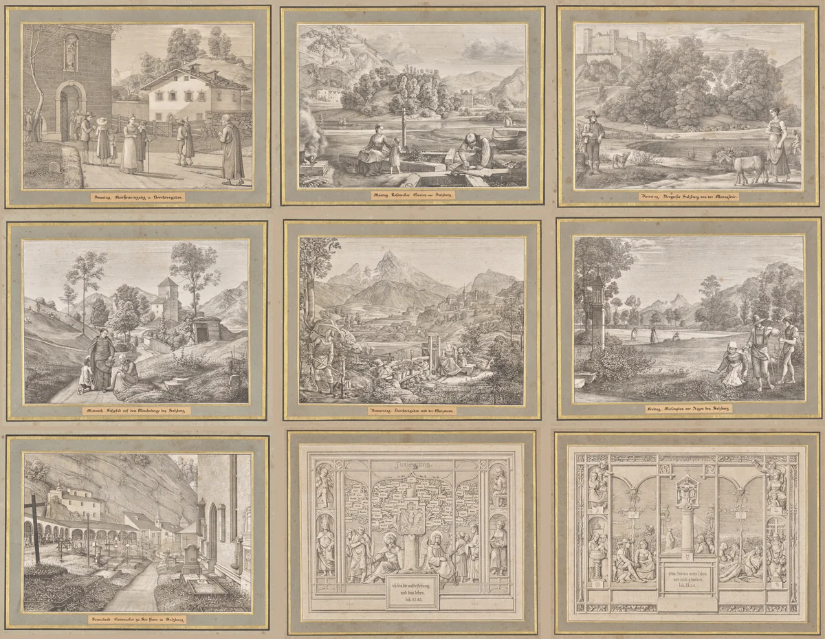 Seven Areas from Salzburg and Berchtesgaden. Arranged according to the seven days of the week, connected by two allegorical sheets by Ferdinand Olivier, print, 1818-1823