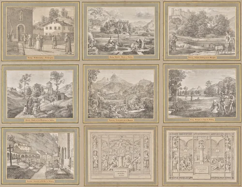 Seven Areas from Salzburg and Berchtesgaden. Arranged according to the seven days of the week, connected by two allegorical sheets by Ferdinand Olivier, print, 1818-1823