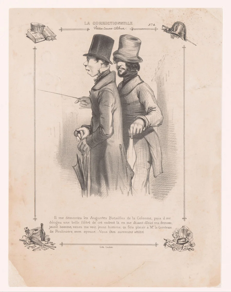 Man steelt zakdoek uit de broek van zijn gast by Paul Gavarni, print, 1840