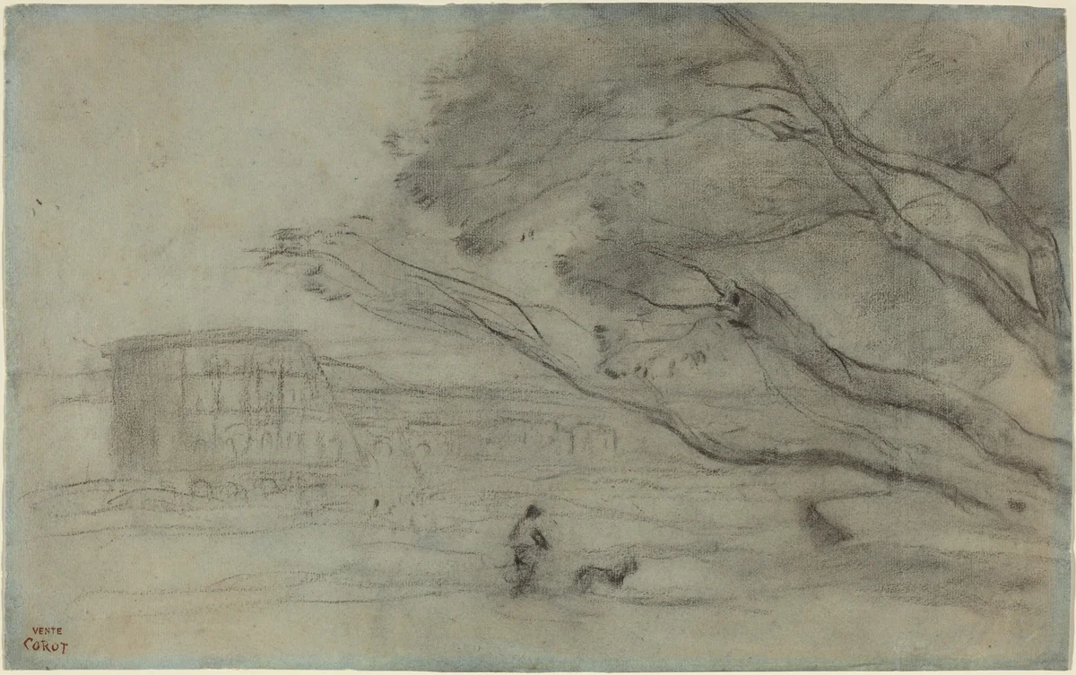 Souvenir: Roman Landscape with the Colosseum by Jean-Baptiste-Camille Corot, drawing, 1865-1870