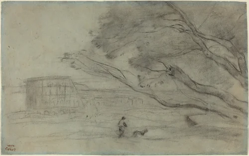 Souvenir: Roman Landscape with the Colosseum by Jean-Baptiste-Camille Corot, drawing, 1865-1870
