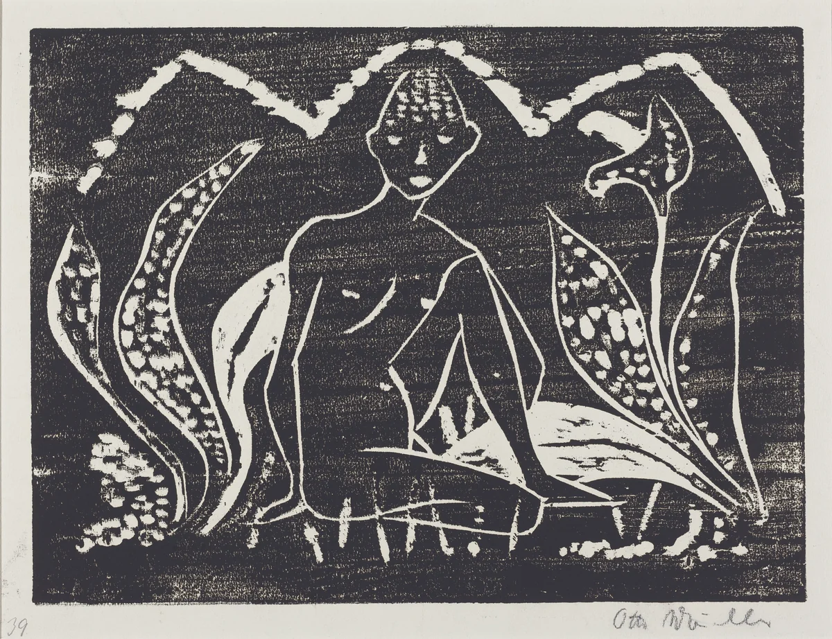Nude Figure of a Boy in a Landscape (Knabe zwischen Blattpflanzen) by Otto Mueller, print, 1912