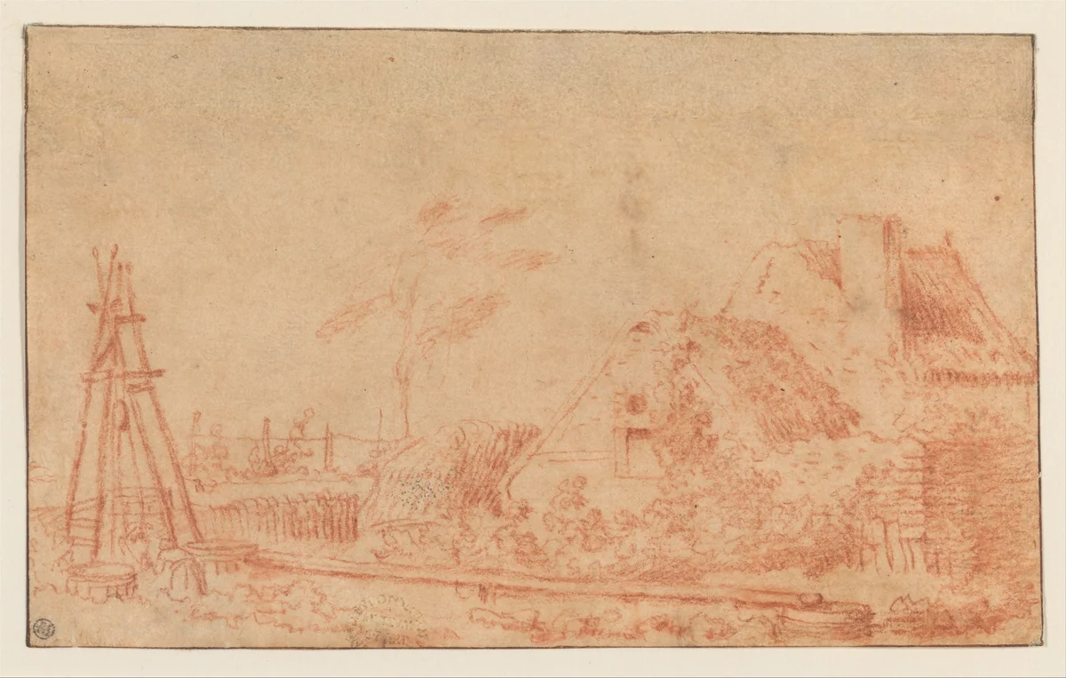 Landscape with a Cottage and Well by Antoine Watteau, drawing, 1709-1719