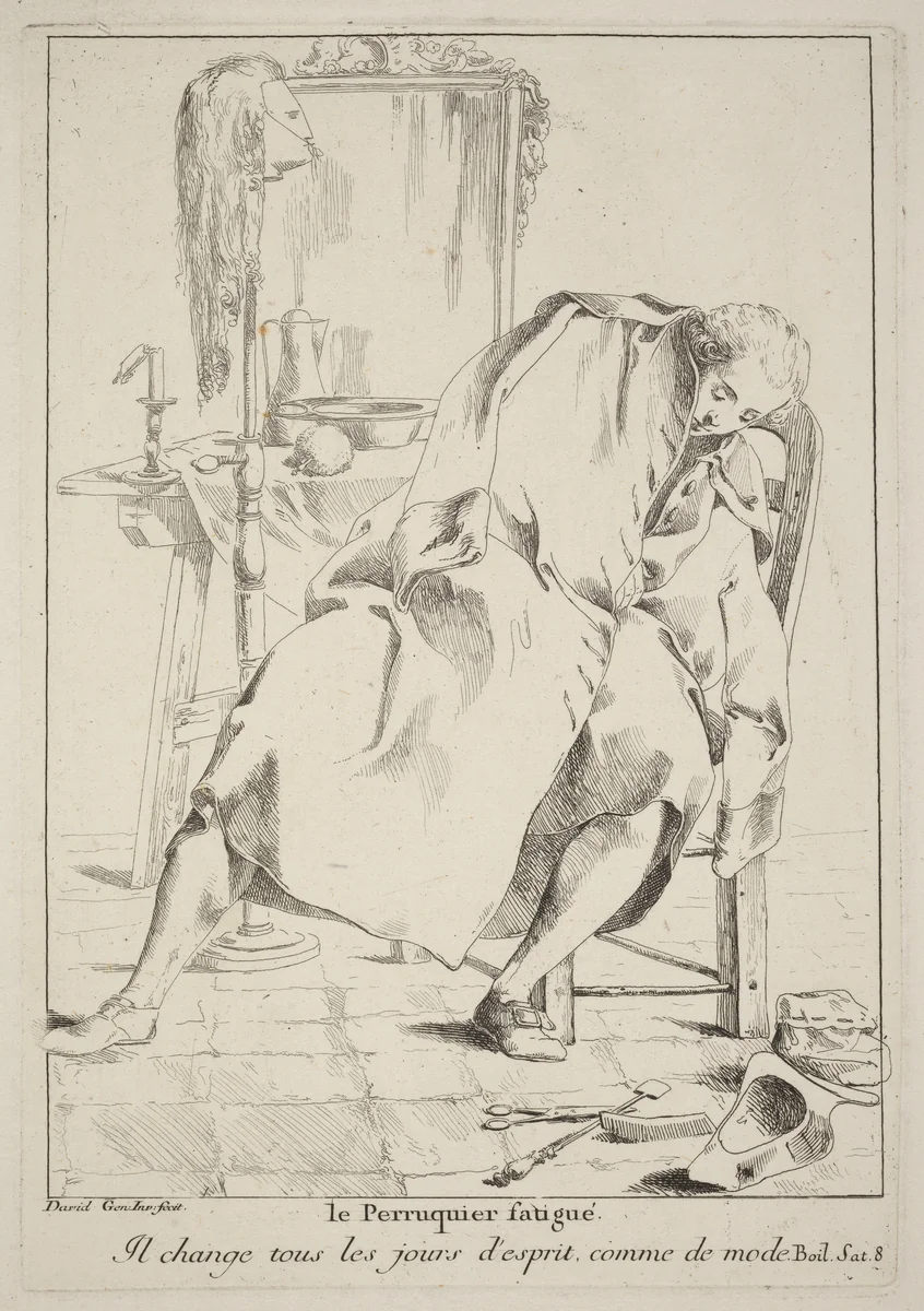 Le Perruquier fatigué (The Tired Wigmaker) by Giovanni David, print, 1775