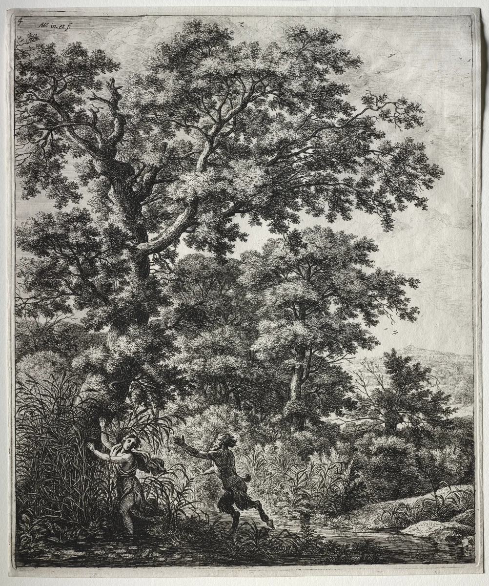 Six large upright landscapes with scenes from Ovid's Metamorphoses: Pan and Syrinx by Anthonie Waterloo, print, 1640-1690