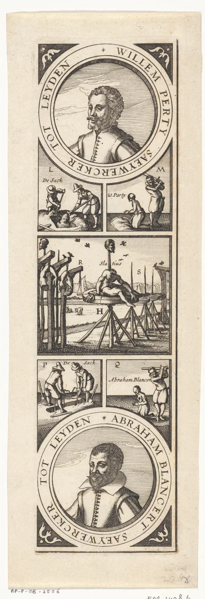 Terechtstelling van Willem Perty en Abraham Blansaert, 1623 by Claes Jansz Visscher, print, 1623
