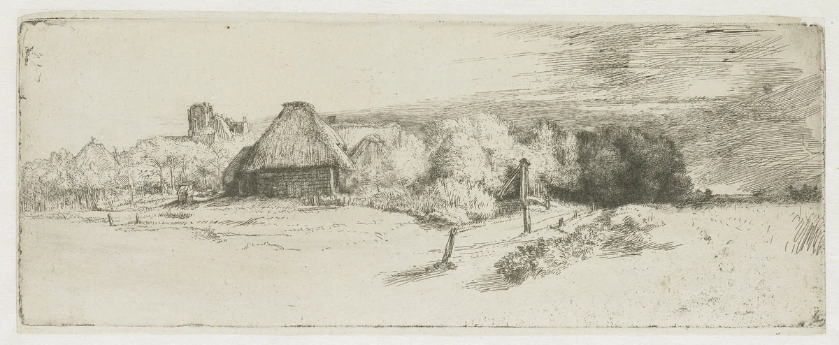 Landscape with a farm building and the 'house with the tower' by Rembrandt van Rijn, print, 1650