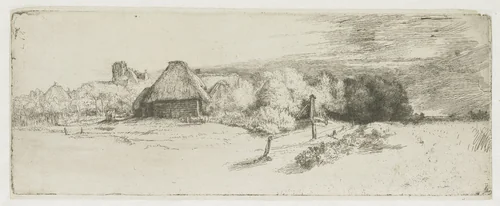 Landscape with a farm building and the 'house with the tower' by Rembrandt van Rijn, print, 1650