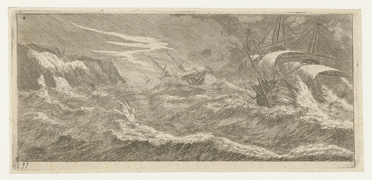 Zeilschepen in een zeestorm by Reinier Nooms, print, 1651-1652