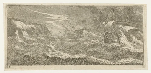 Zeilschepen in een zeestorm by Reinier Nooms, print, 1651-1652